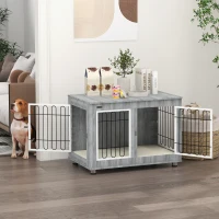 PawHut Pet Crate Side End Table for Indoor Use with Cushion, Double Doors, Grey(m-8)