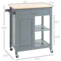 HOMCOM Kitchen Island Cart, Rolling Kitchen Island with Storage Shelf, Solid Wood Top, Drawer, for Dining Room, Gray(m-3)