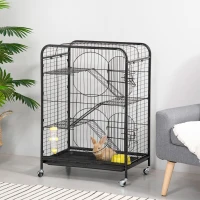 PawHut Rolling Small Animal Cage 36.6" Pet Rabbit Ferret Playpen, Animal Supply Kit Metal Black for Bunny, Pet Mink, Chinchilla(m-8)
