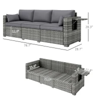 Outsunny 3 Seater Wicker Sofa with Side Trays, Outdoor Patio Couch with 6" Thick Back Cushions, Deep Seating, Mixed Gray(m-3)