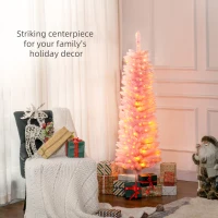 HOMCOM 5' Prelit Christmas Tree, Pencil Artificial Christmas Tree with Colorful Surface Branches, Colorful LED Lights, Pink(m-4)