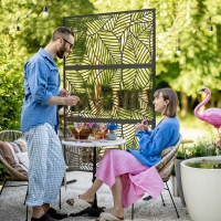 Outsunny 6.5FT Decorative Outdoor Divider, Metal Privacy Screen with Stand, Large Leaf Style, Black