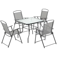Outsunny 5 Pieces Patio Table and Chairs, Outdoor Dining Set with 4 Folding Chairs, Glass Tabletop and Parasol Hole, Grey(m-2)