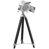 HOMCOM Vintage Tripod Floor Lamp, Nautical Cinema Standing Searchlight with Wood Legs and Adjustable Height for Living Room, Bedroom, Black and Silver(m-11)