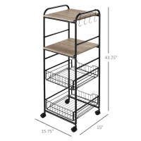 HOMCOM Kitchen Cart with Storage, 16"W Slim Rolling Cart, 4 Tier Kitchen Shelves on Wheels with Side Racks, 2 Basket for Fruit Vegetable, Utility Cart for Narrow Space, Laundry, Oak(m-3)