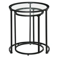 HOMCOM Set of 2 Nesting Coffee Tables with Metal Base, Round Side Table with Tempered Glass Tabletop for Living Room, Bedroom, Black(m-11)