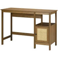 HOMCOM Space-Saving Small Computer Desk with Storage Shelf & Rattan Cabinet, Writing Desk Home Office Desk Workstation Table, Light Walnut(m-11)