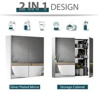 HOMCOM Wall Mounted Mirror Cabinet, Bathroom Medicine Cabinet with Mirror, 2 Doors and 3-tier Shelving, Silver(m-5)