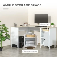 HOMCOM L-Shaped Computer Desk with Open Shelf and Storage Cabinet, Corner Writing Desk with Adjustable Shelf, White(m-5)