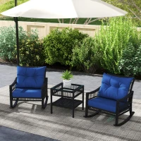 Outsunny 3 Pieces Outdoor PE Rattan Rocker Chair Set, Rocking Chair with Tempered Glass Table Top, 25"x26"x28", Dark Blue(m-1)