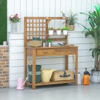 Outsunny Potting Bench Table, Garden Work Bench, Outdoor Wooden Workstation with Tiers of Shelves and Drawer for Patio, Courtyards, Balcony, Brown(m-2)