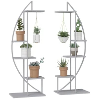 Outsunny 5 Tier Metal Plant Stand, Flower Pot Display Shelf with Hangers, Tall Plant Stand Indoor, Half Moon Shape, for Living Room Patio Garden Balcony Decor, Gray(m-1)