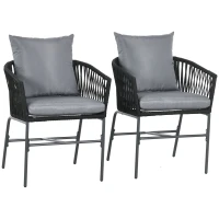 Outsunny Outdoor Dining Chairs Set of 2 Boho Rope Woven Patio Chairs with Cushions for Balcony, Lawn, Garden, Indoor, Dark Grey(m-11)