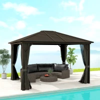 Outsunny 10' x 12' Deluxe Hardtop Gazebo with Metal Roof, Aluminum Frame Patio Gazebo Garden Sun Shelter Outdoor Pavilion with Curtains and Netting, Grey(m-1)