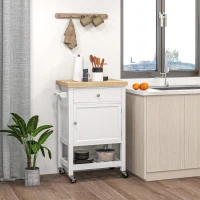 HOMCOM Kitchen Island on Wheels, Rolling Kitchen Cart with Rubberwood Top, Drawer, Wine Rack and Cabinet, White(m-10)