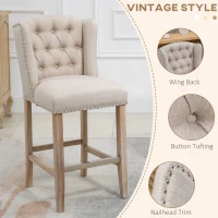 HOMCOM Counter Height Bar Stools Set of 2, 27" Seat Height Upholstered Barstools, Farmhouse Kitchen Island Stools with Nailhead-Trim, Tufted Back and Wooden Legs, Beige(m-4)