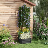 Outsunny Galvanized Planter Box, 24" x 24" x 73.5" Raised Garden Bed with Tomato Cage for Climbing Vines, Dark Gray(m-2)