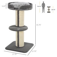 PawHut Cat Tree Kitty Tower with Sisal Mat Scratching Post, Cat Bed, Cushion, Perch, 18" x 18" x 36", Grey(m-3)