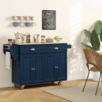 HOMCOM Kitchen Island with Storage, Rolling Kitchen Island with Drop Leaf, Rubber Wood Top and Adjustable Shelves, Navy Blue(m-6)