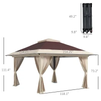 Outsunny 13' x 13' Pop Up Gazebo Instant Canopy Tent Shelter with 2-Tier Roof, Carry Bag, Wight Bags for Outdoor, Garden, Brown(m-3)