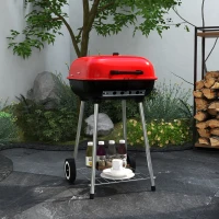 Outsunny 18" Portable BBQ Grill Charcoal Grill with Wheels Bottom Shelf and Adjustable Vents for Picnic, Camping, Backyard, Red(m-10)