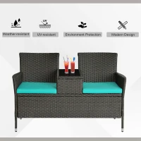 Outsunny Outdoor Patio Loveseat Conversation Furniture Set, Cushions & Built-in Coffee Table, Small 2-in-1 2 Person Seating for Front Porch, Balcony, Blue(m-4)