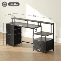 HOMCOM Computer Desk with Power Outlets and LED Lights, 67" Computer Table with File Cabinet and Fabric Drawers, Black(m-3)