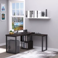 HOMCOM 55" 360 Degree Rotating Corner L-Shaped Computer Desk with Storage Shelves, Home Office Study Writing Workstation Modern Space-Saving Design, Coffee(m-2)