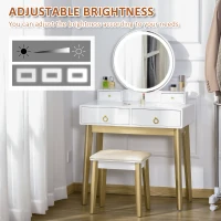 HOMCOM Makeup Vanity Table Set with Round Mirror, Built-in 3 Color LED Light, Dressing Desk with 4 Drawers and Cushioned Stool for Bedroom, White(m-5)
