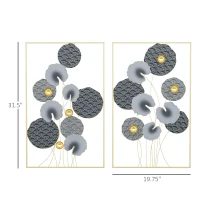 HOMCOM 3D Metal Wall Art Set of 2 Modern Lotus Leaves Hanging Wall Sculpture Home Decor for Living Room Bedroom Kitchen 20"x32"x2, Gray and Gold(m-3)