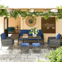 Outsunny 6 Piece Patio Furniture Set with Patio Chairs, Ottomans, Sofa, Glass Top Table and Cushions, Wicker Rattan Outdoor Furniture Set for Backyard, Porch, Navy Blue(m-7)