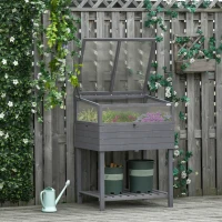Outsunny Raised Garden Bed with Cold Frame Greenhouse, Grow Grids and Storage Shelf, Outdoor 2 Tiers Elevated Wood Planter Box for Herbs and Vegetables, Use for Patio, Backyard, Balcony(m-8)