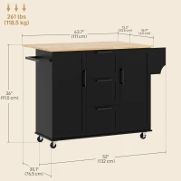 HOMCOM Rolling Kitchen Cart on Wheels with Drop Leaf, Kitchen Island with 3 Drawers, Solid Wood Top and Towel Rack, Black(m-3)
