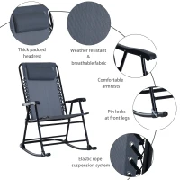 Outsunny 3pc Patio Rocking Chair Set, Folding Outdoor Rocking Chairs and Table Bistro Set w/ Breathable Mesh Seat & Backrest, Headrest for Park, Backyard, Garden, Grey(m-7)