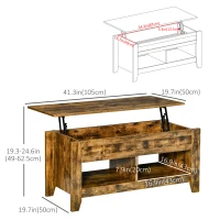 HOMCOM Lift Top Coffee Table with Hidden Storage Compartment and Open Shelves, Lift Tabletop Pop-Up Center Table for Living Room, Brown(m-3)