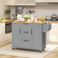 HOMCOM Rolling Kitchen Cart on Wheels with Drop Leaf, Kitchen Island with 3 Drawers, Solid Wood Top and Towel Rack, Grey(m-8)