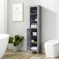 kleankin Bathroom Floor Storage Cabinet with 3 Tier Shelf and Cupboard with Door, Free Standing Linen Tower, Tall Slim Side Organizer Shelves, Grey(m-9)