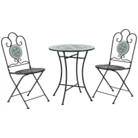 Outsunny 3-Piece Patio Bistro Set with Folding Chairs, Outdoor Coffee Set with Mosaic Top for Backyard, Balcony, Poolside, Green(m-11)
