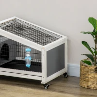 PawHut 35" Wooden Rabbit Hutch with No-leak Tray, Pet Playpen with Wheels, Water Bottle, Bunny House for Rabbits and Small Animals, Dark Gray(m-10)