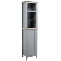 kleankin Bathroom Floor Storage Cabinet with 3 Tier Shelf and Cupboard with Door, Free Standing Linen Tower, Tall Slim Side Organizer Shelves, Grey(m-2)