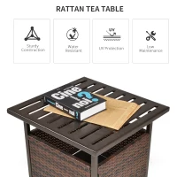 Outsunny 21.75" Outdoor Rattan Wicker Patio Coffee Table with Umbrella Hole, Patio Side Table with Slatted Metal Top, Brown(m-4)