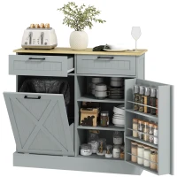 HOMCOM 10 Gallon Farmhouse Kitchen Cabinet with Hidden Trash Can and 2 Drawers, Tilt Out Trash Can Cabinet for Kitchen, Gray(m-11)
