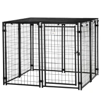 PawHut Outdoor Dog Kennel, Lockable Pet Playpen Crate with Top Cover, Black(m-2)