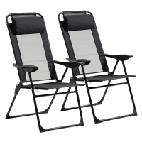 Outsunny Folding Patio Dining Chairs Set of 2, Outdoor Deck Chair with Adjustable Sling Back, Camping Chair with Removable Headrest for Garden, Backyard, Lawn, Black