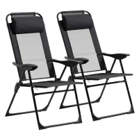 Outsunny Folding Patio Dining Chairs Set of 2, Outdoor Deck Chair with Adjustable Sling Back, Camping Chair with Removable Headrest for Garden, Backyard, Lawn, Black(m-1)
