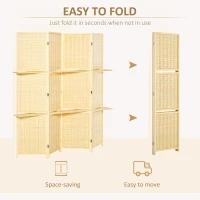 HOMCOM 4-Panel Folding Room Divider, 6 Ft Freestanding Bamboo Privacy Screen Panel with Storage Shelves for Bedroom or Office, Natural Wood Color(m-5)