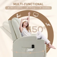 HOMCOM Massage Recliner Chair, Swivel Nursery Rocker Chair, Manual Reclining Sofa with 8 Vibration Points, PU Leather, Cup Holders, Side Pockets, for Living Room, Cream White(m-5)