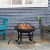 Outsunny Outdoor Fire Pit, Firepit with Mesh Lid, Poker, for Camping, Bonfire, Picnic, Black(m-8)