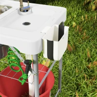 Outsunny Folding Fish Cleaning Table with Sinks, Portable Camping Sink Table with Faucet, Drainage Hose, Sprayer, Shelf, Drawer and Storage Basket, Outdoor Fillet Table for Picnic Beach Patio, White(m-9)