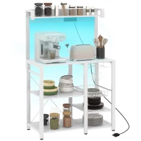 HOMCOM Industrial Kitchen Bakers Rack with Charging Station, RGB Lights, Glass Holders and Open Shelves, White(m-11)